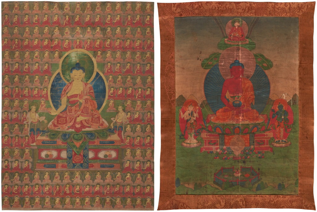 View full screen - View 1 of Lot 123. Two thangkas depicting Buddha Shakyamuni and Buddha Amitabha, Tibet, 18th century .