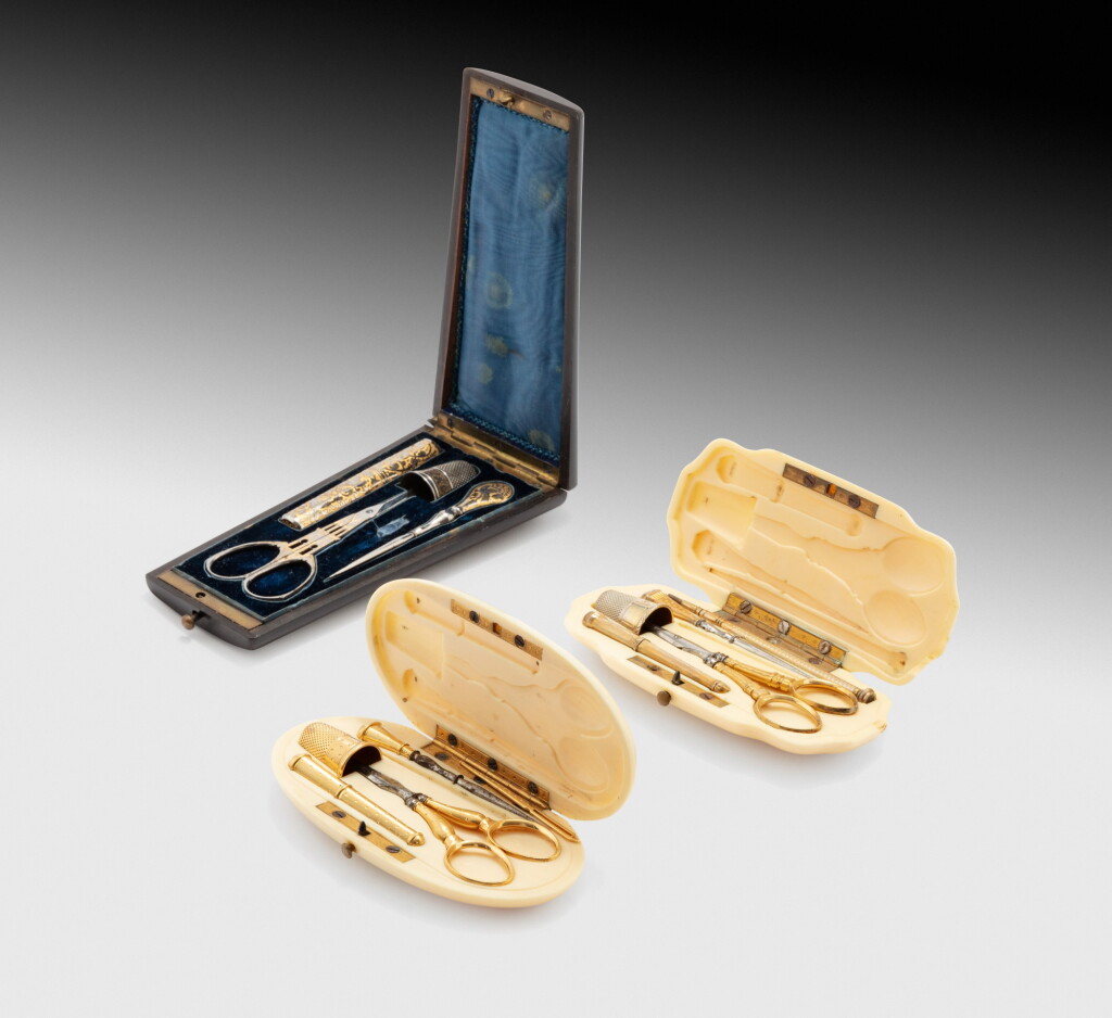 View full screen - View 1 of Lot 203. Three sewing necessaires, two in ivory, one in wood, circa 1860 |.