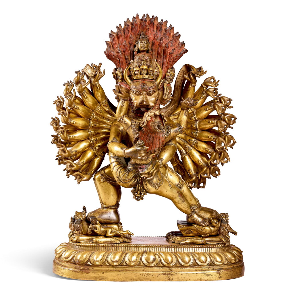 View full screen - View 1 of Lot 3654. A MAGNIFICENT AND POWERFUL LARGE GILT-BRONZE 'YAMANTAKA VAJRABHAIRAVA AND VAJRAVETALI' GROUP | 清十八世紀 鎏金銅大威德金剛像.