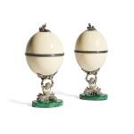 A Pair of Italian Silver-Mounted Ostrich Eggs on Malachite Bases, Nardi, Milan, 20th Century