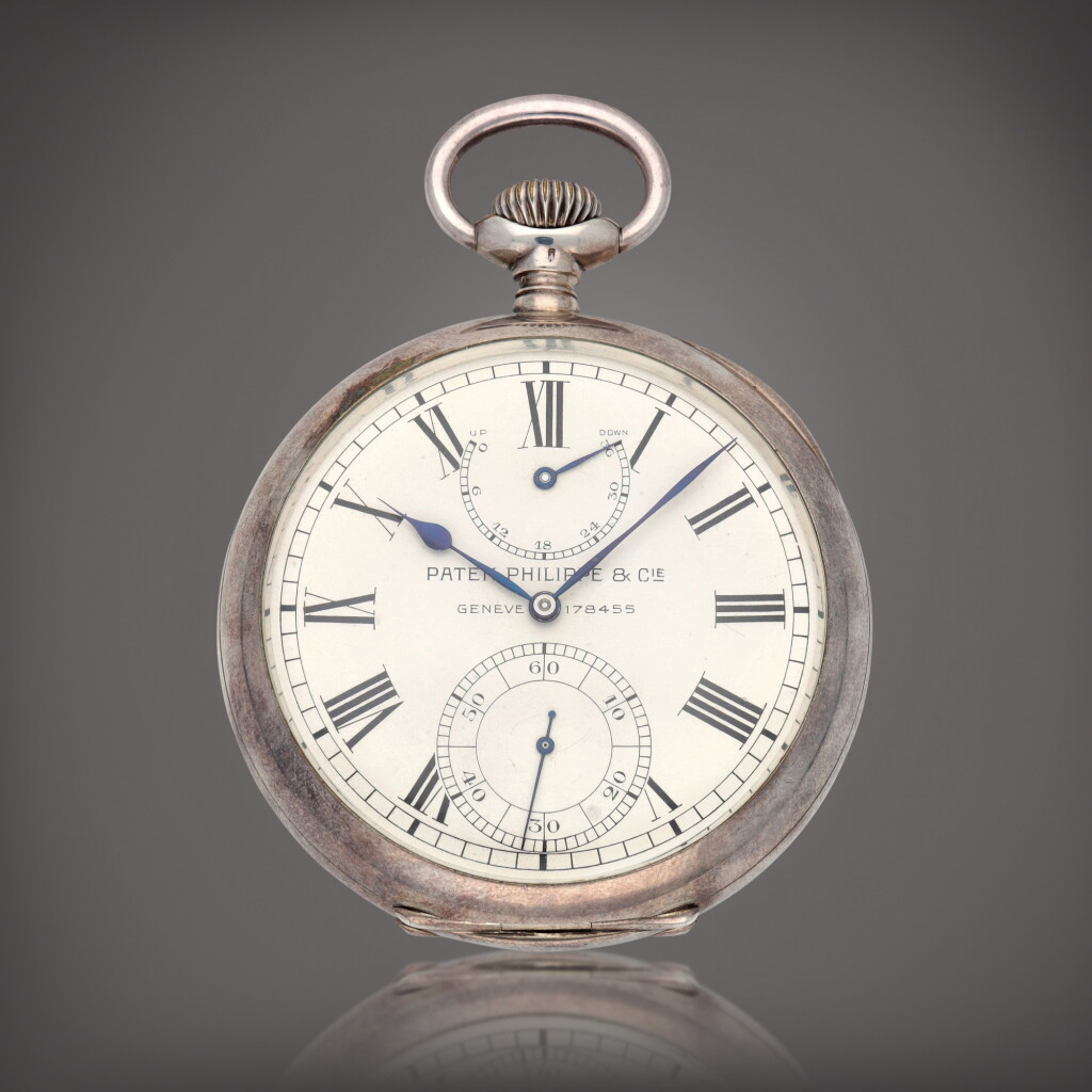 View full screen - View 1 of Lot 350. A silver open-faced Observatory chromometer watch with power reserve indication and lever escapement | Made in 1921.