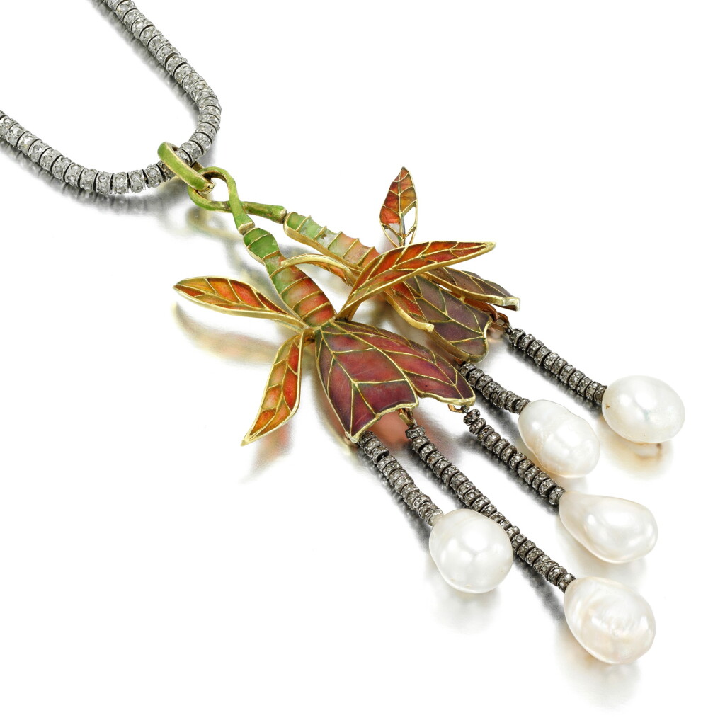 View full screen - View 1 of Lot 3. Natural pearl, diamond and enamel pendant necklace, circa 1900.