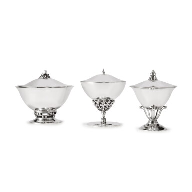 View full screen - View 1 of Lot 1. THREE DANISH SILVER COVERED BOWLS, NOS. 43, 17C, AND 273, GEORG JENSEN SILVERSMITHY, COPENHAGEN, 20TH CENTURY.