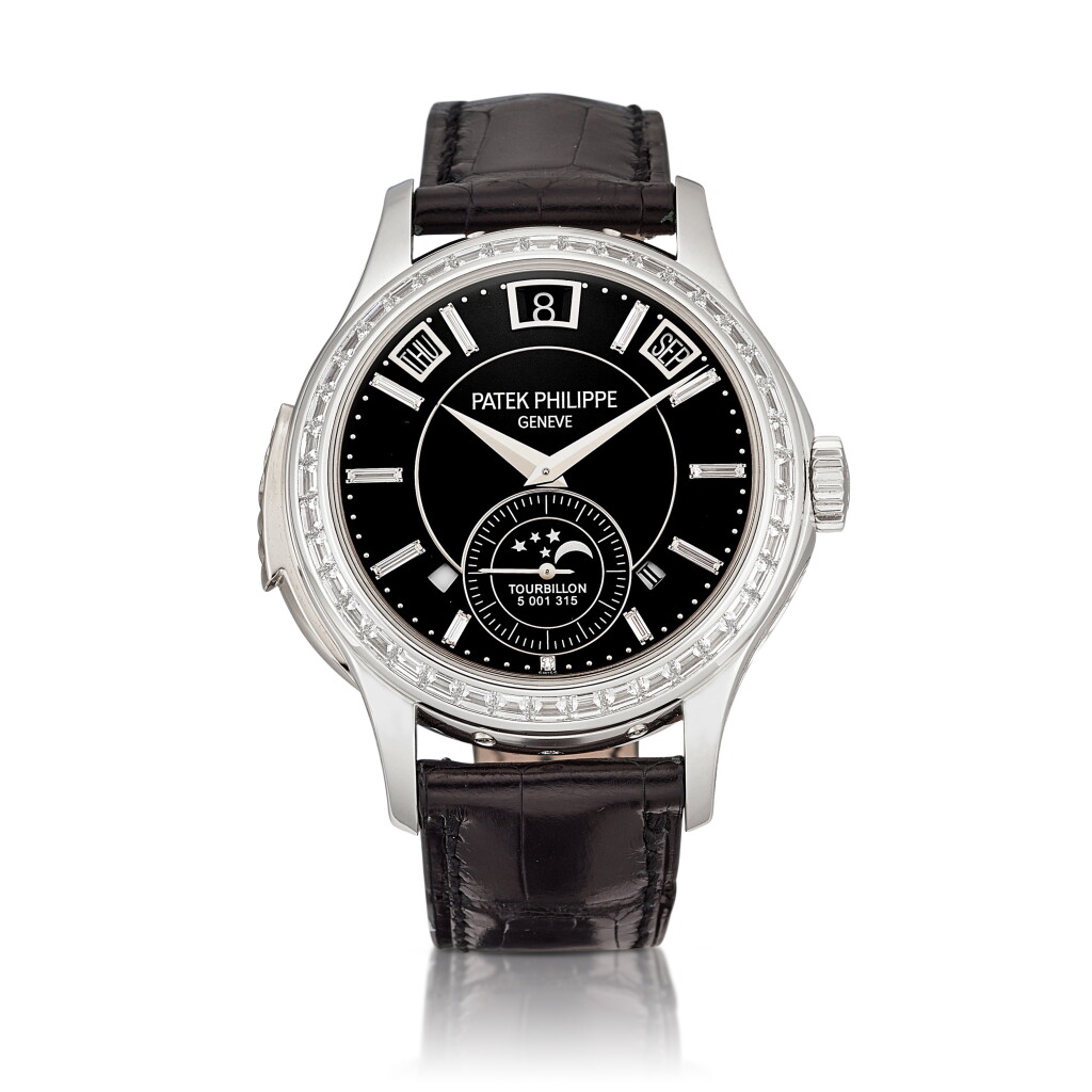 View full screen - View 1 of Lot 2242. Reference 5307 | A brand new platinum and diamond-set instantaneous perpetual calendar minute repeating tourbillon wristwatch with moon phases, leap year and day and night indication, Circa 2013 | 百達翡麗 | 型號 5307 | 全新鉑金鑲鑽石瞬跳萬年曆三問陀飛輪腕錶,備月相、閏年及晝夜顯示,約2013年製.