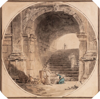 View full screen - View 1 of Lot 184. Washerwomen and a seated child with a dog, by a grand staircase through a classical arch.