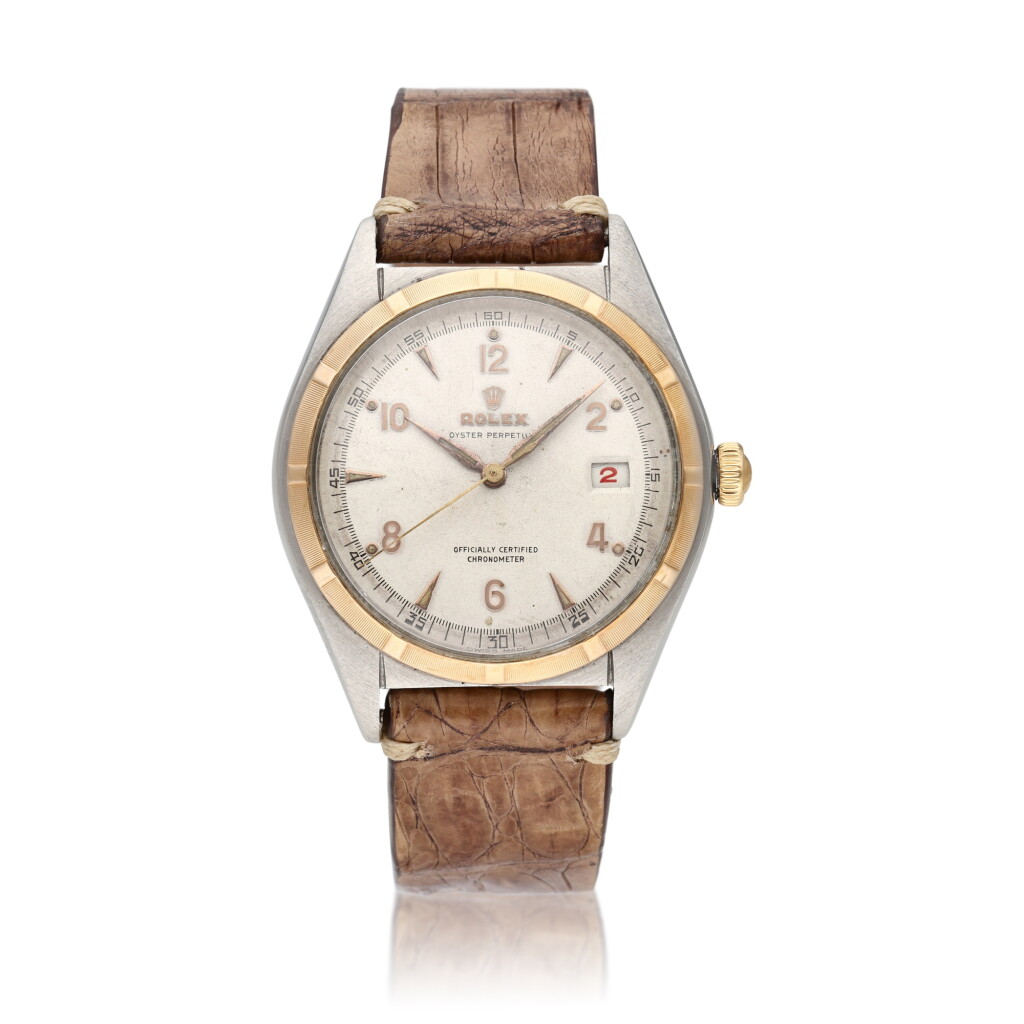 View full screen - View 1 of Lot 379. Reference 5031 Oyster Perpetual Bubbleback | A pink gold and stainless steel automatic wristwatch with roulette date wheel, Circa 1948.