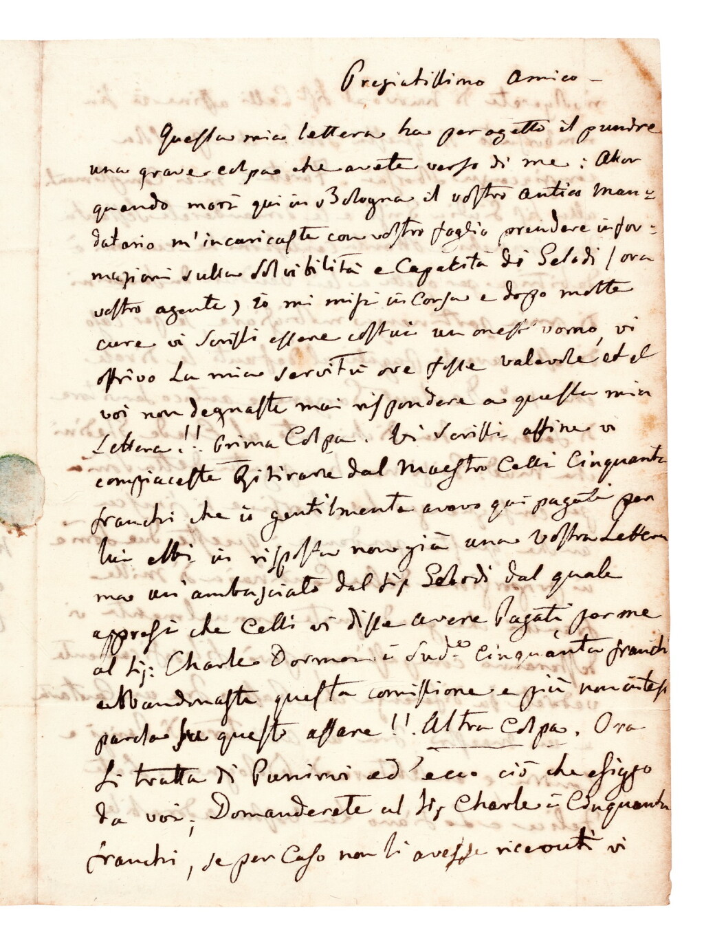 View full screen - View 1 of Lot 34. G. Rossini. Autograph letter to the singer Antonio Tamburini, reminding him of his obligations to him, 1839.