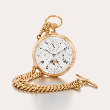 View full screen - View 1 of Lot 70. An 18ct pink gold open-faced keyless lever perpetual calendar watch with moon phases.