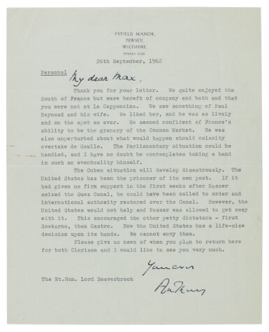 View full screen - View 1 of Lot 33. Anthony Eden | Autograph letter signed, to Lord Beaverbrook, on the Cuban Missile Crisis, 1962.