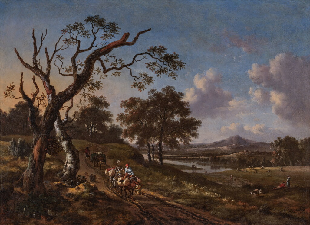 View full screen - View 1 of Lot 49. Wooded River Landscape with Pack Mules on a Country Road.