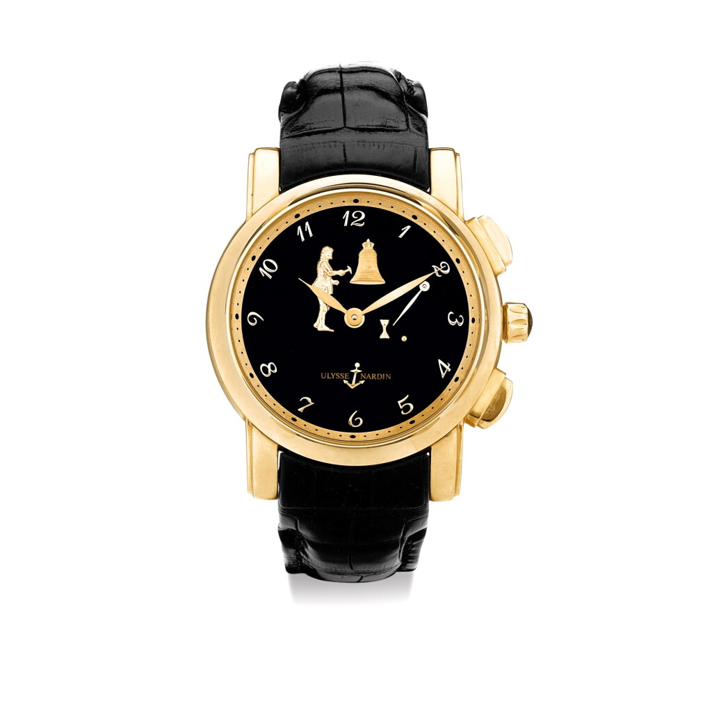 View full screen - View 1 of Lot 8263. ULYSSE NARDIN | JAQUEMART SONNERIE EN PASSANT SAN MARCO, REFERENCE 756-88 A PINK GOLD HOUR STRIKING AND REPEATING WRISTWATCH WITH AUTOMATON JACQUEMARTS, CIRCA 2008.
