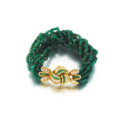 View full screen - View 1 of Lot 127. Boivin | Bracelet émeraudes et diamants | Emerald and diamond bracelet.