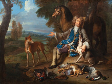 View full screen - View 1 of Lot 13. Self-portrait as a hunter in a landscape | Autoportrait en chasseur dans un paysage.