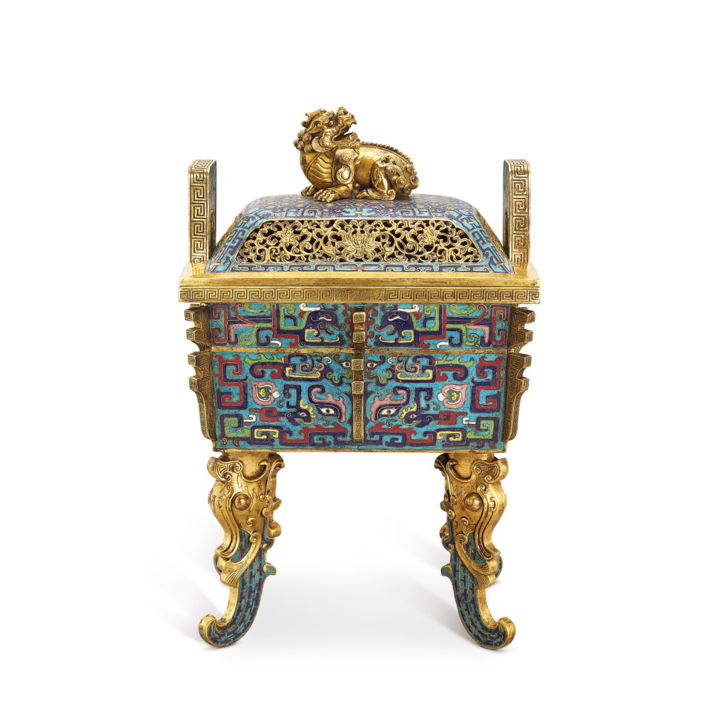 View full screen - View 1 of Lot 512. An archaistic gilt-bronze and cloisonné enamel fangding censer and cover, Mark and period of Qianlong 清乾隆 銅胎掐絲琺瑯仿古紋方鼎式蓋爐 《大清乾隆年製》款.