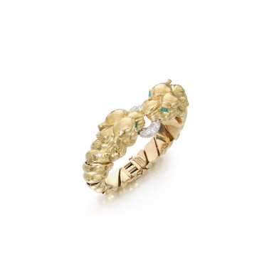 View full screen - View 1 of Lot 78. Gold, emerald and diamond bracelet.