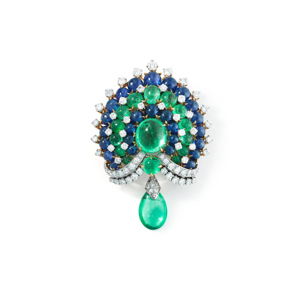 View full screen - View 1 of Lot 29. Emerald, Sapphire and Diamond Brooch.