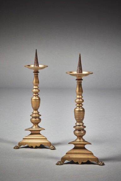 View full screen - View 1 of Lot 120. Pair of Italian Renaissance brass Pricket candlesticks Early 17th Century.