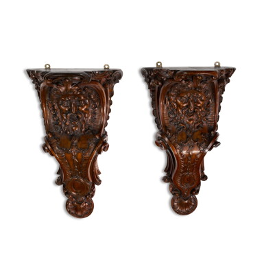 View full screen - View 1 of Lot 258. A Pair of George II Mahogany Wall Brackets, in the Manner of Matthias Lock.