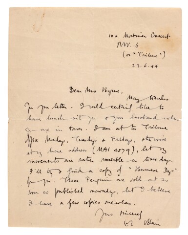 View full screen - View 1 of Lot 272. George Orwell | Autograph letter signed, to Amy Byrne, arranging a meeting, 23 June 1944.
