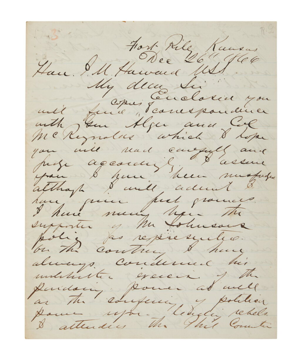 View full screen - View 1 of Lot 1053. Custer, George Armstrong | Custer attacks Andrew Johnson and advocates for Black suffrage.
