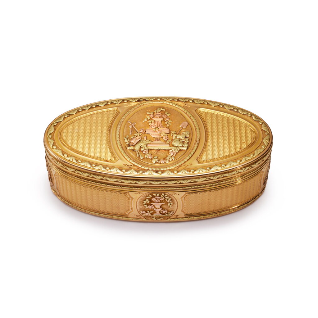 View full screen - View 1 of Lot 137. A Louis XVI Vari-Color Gold Oval Snuff Box, Nicolas Marguerit, Paris, 1776, with the Charge and Discharge of Jean-Baptiste Fouache.