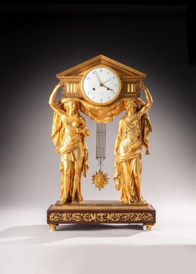 View full screen - View 1 of Lot 11. A Louis XVI gilt-bronze "Caryatides" mantel clock, circa 1790, attributed to François Rémond | Pendule aux caryatides en bronze doré d'époque Louis XVI, vers 1790, attribuée à François Rémond.
