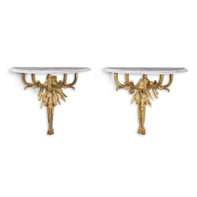 View full screen - View 1 of Lot 139. A Pair of Louis XVI Style Gilt Bronze Wall-Mounted Console Tables, 20th Century.