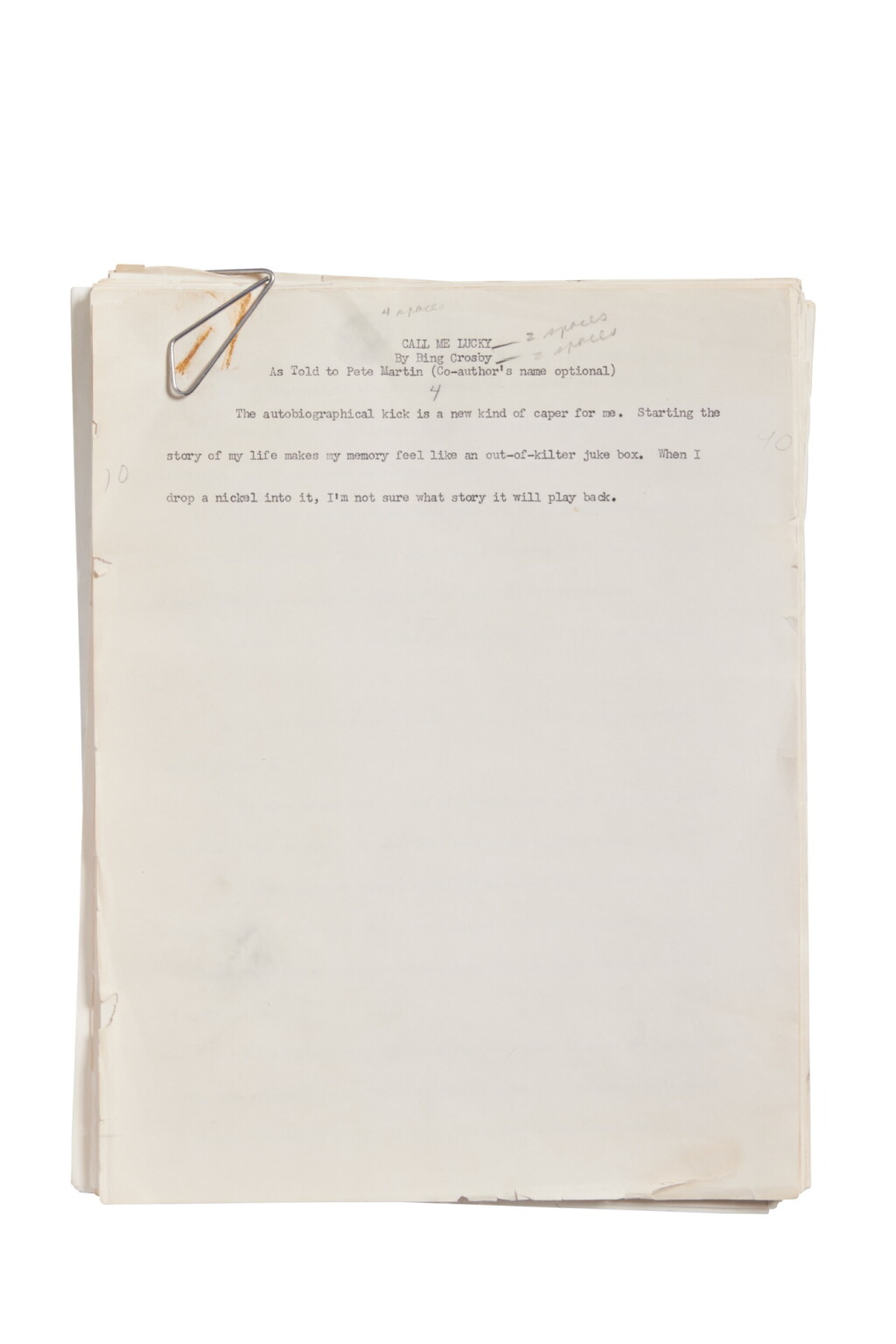 View full screen - View 1 of Lot 167. Bing Crosby | "Call Me Lucky," ca. 1953.