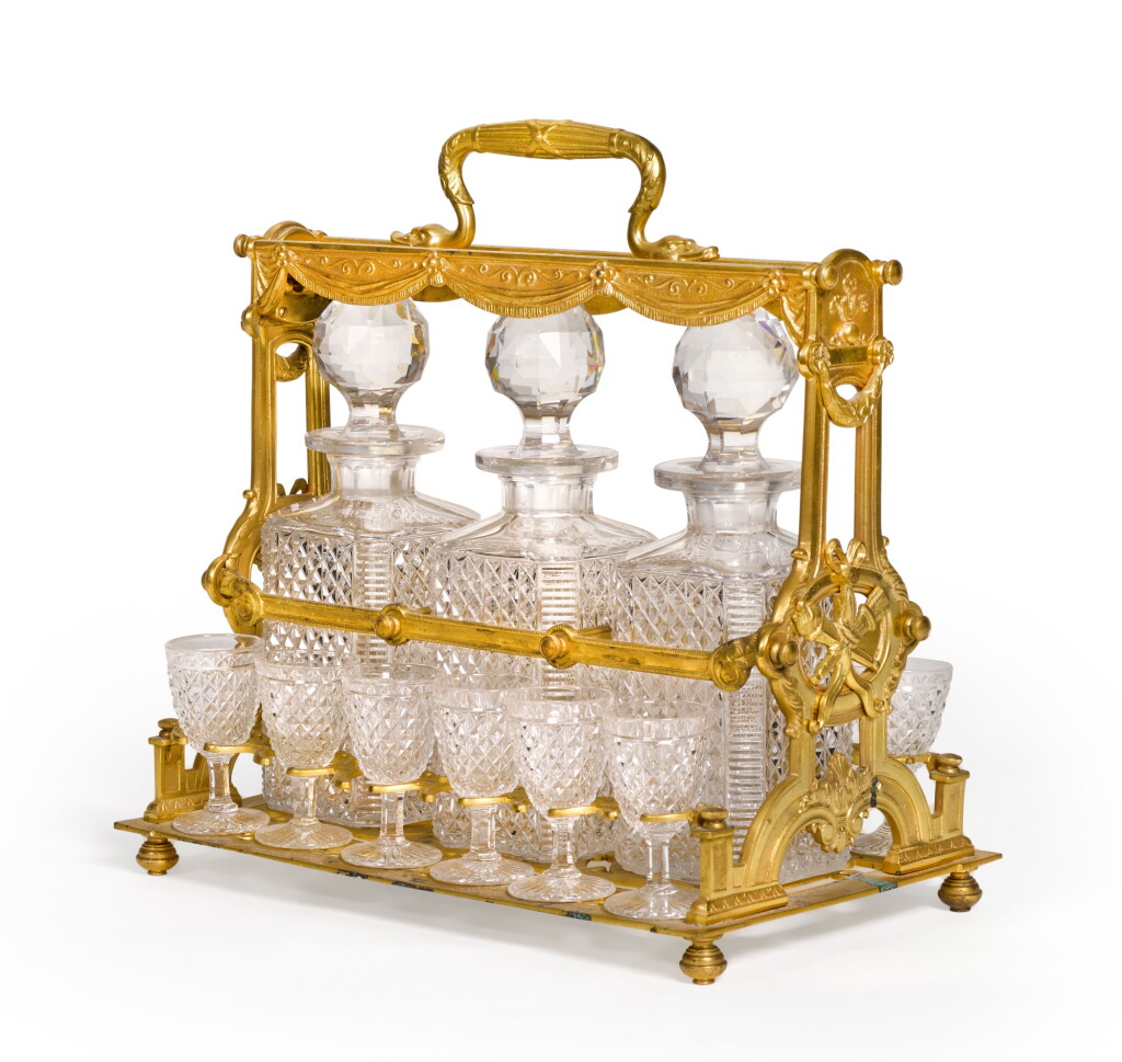 View full screen - View 1 of Lot 106. A French gilt-metal and cut-glass tantalus, late 19th century, perhaps Baccarat.