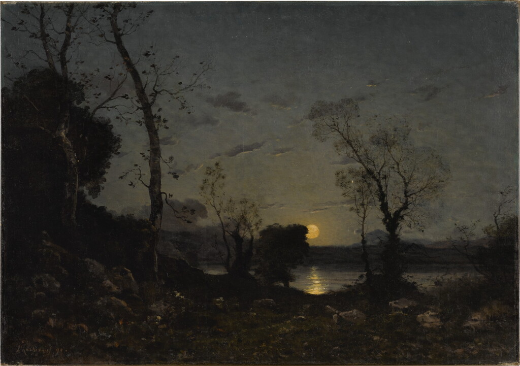 View full screen - View 1 of Lot 12. HENRI-JOSEPH HARPIGNIES | UN LAC AU CLAIR DE LUNE.