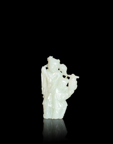 View full screen - View 1 of Lot 3918. A white jade figural group, Qing dynasty, 18th - 19th century | 清十八至十九世紀 白玉藍采和.