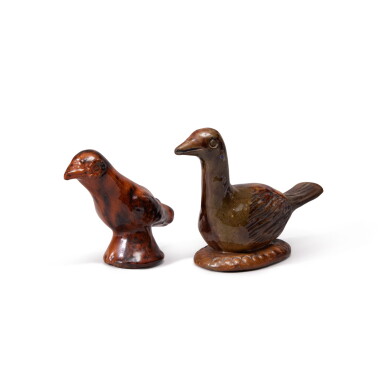 View full screen - View 1 of Lot 22. Two Manganese-Decorated Glazed Red Earthenware Birds, Pennsylvania, Early 19th Century.
