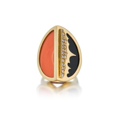 View full screen - View 1 of Lot 225. Coral, Onyx and Diamond Ring.