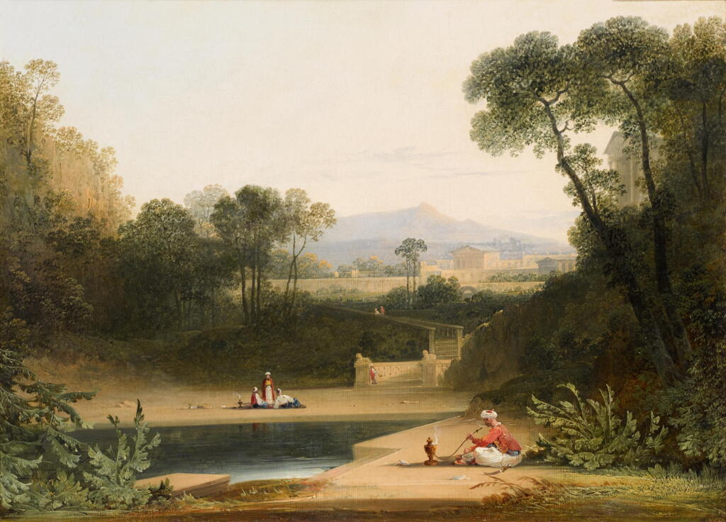 View full screen - View 1 of Lot 92. JOSHUA SHAW | An exotic landscape with figures smoking hookah pipes.