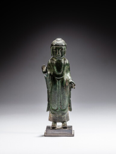 View full screen - View 1 of Lot 76. A rare bronze figure of Buddha, Korea, Goryeo dynasty, 12th century | 高麗王朝十二世紀 韓國銅佛立像.