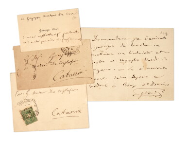 View full screen - View 1 of Lot 71. G. Verdi. One autograph note, an inscribed visiting card, and two envelopes addressed to G.A. De Cristoforo, late C19th.