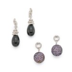 Pair of amethyst and diamond earrings and a pair of onyx and diamond earrings