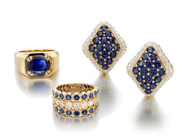 View full screen - View 1 of Lot 15. SAPPHIRE RING, MONTURE CARTIER, PAIR OF SAPPHIRE AND DIAMOND EAR CLIPS, AND A RING.