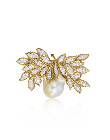 View full screen - View 1 of Lot 1893. Cultured Pearl and Diamond Brooch | 馬里奧 布契拉提 | 養殖珍珠 配 鑽石 胸針.