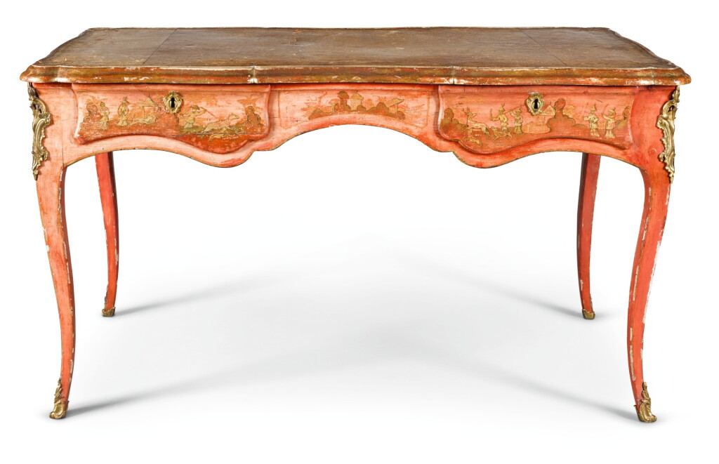 View full screen - View 1 of Lot 31. A LOUIS XV STYLE GILT-BRONZE MOUNTED PARCEL-GILT AND RED JAPANNED BUREAU PLAT.