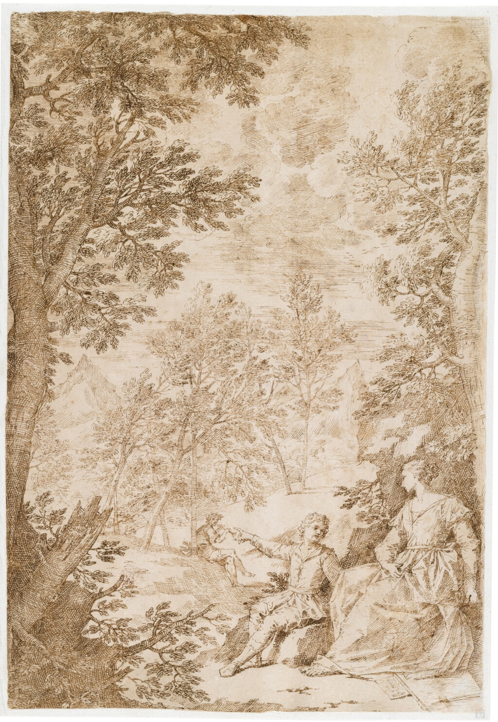 View full screen - View 1 of Lot 143. A woman and a small boy seated in a wooded landscape with a piper in the background.