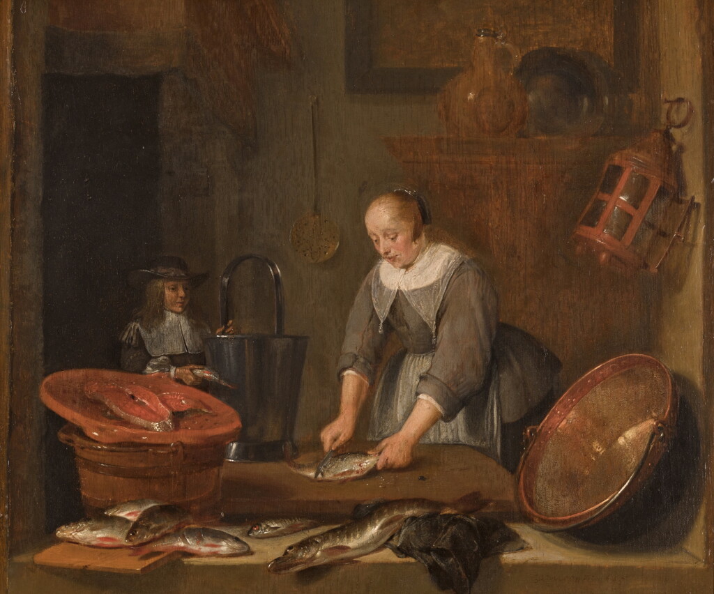 View full screen - View 1 of Lot 230. Interior with a woman cleaning fish and a boy with a fish.