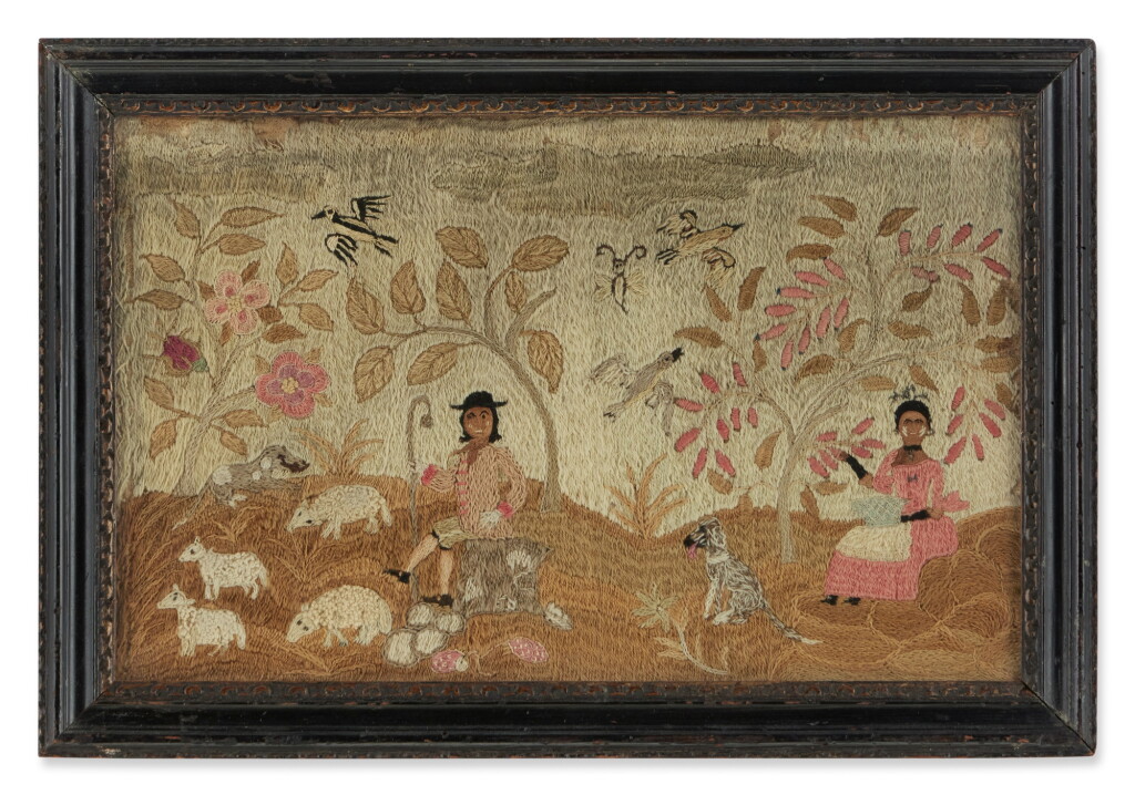 View full screen - View 1 of Lot 60. A Rare Laidwork Embroidered Picture, Dover, New Hampshire, Circa 1750.