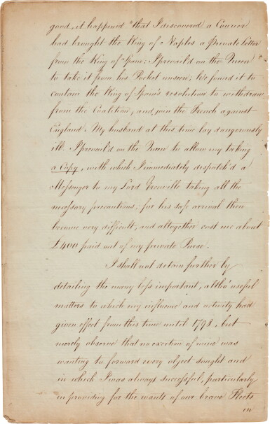 View full screen - View 1 of Lot 192. Emma, Lady Hamilton | Manuscript memorandum recounting her services to the British in Naples, 1813.