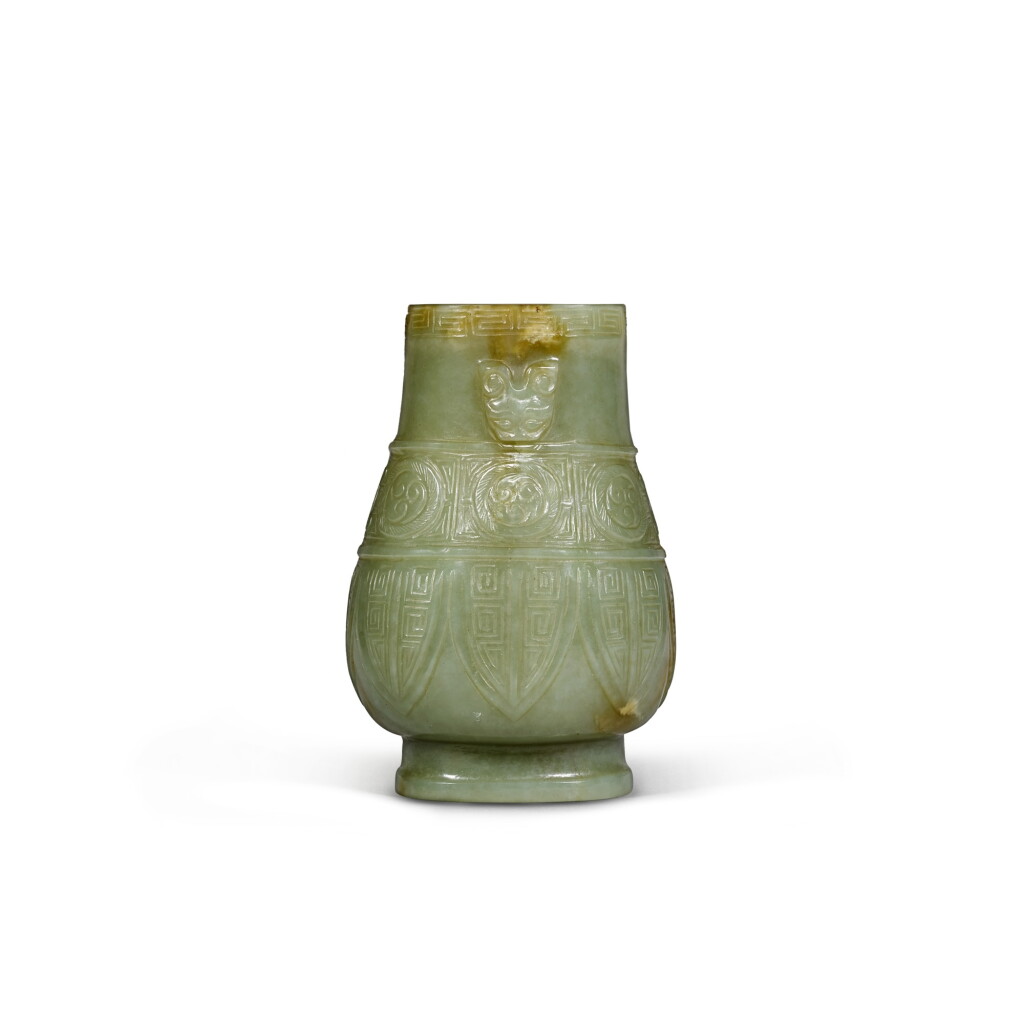 View full screen - View 1 of Lot 29. A celadon jade baluster vase Ming dynasty | 明 青玉獸耳瓶.