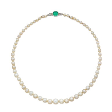 View full screen - View 1 of Lot 340. Natural Pearl, Cultured Pearl, Emerald and Diamond Necklace.