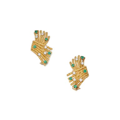 View full screen - View 1 of Lot 382. Pair of Gold, Emerald and Diamond 'V Rope' Earclips.
