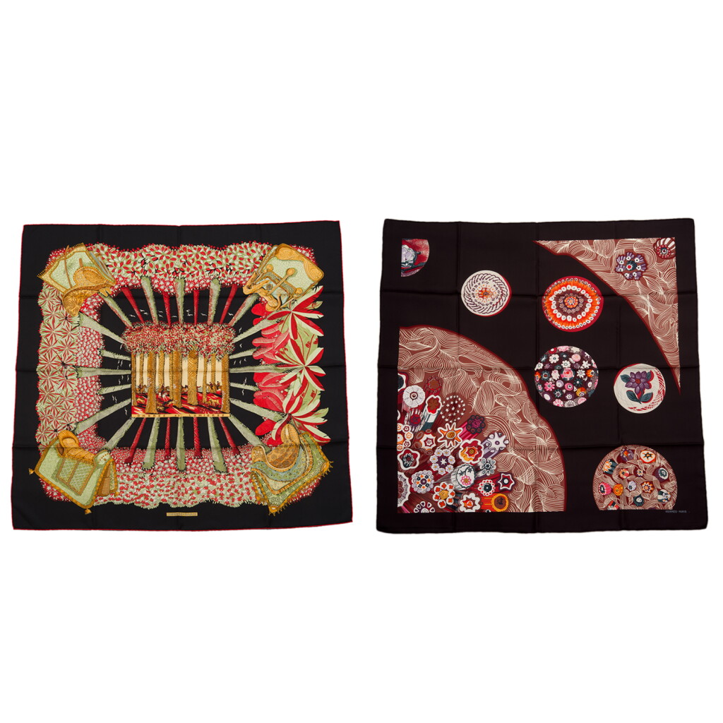 View full screen - View 1 of Lot 104. Hermès Set of Two Scarves 90cm of Silk Twill: "Ombre et Lumieres" and "Sulfures & Presse-Papiers II".