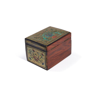 View full screen - View 1 of Lot 310. A Louis XIV Crowned Armorial Inlaid Brass, Mother-of-Pearl and Stained Horn Boulle Marquetry Ebony Veneer Casket, Circa 1700.