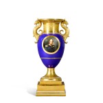 A Berlin (K.P.M.) blue-ground two-handled Royal portrait vase and stand (Französische Vase mit Greifenkopfhenkeln), circa 1850